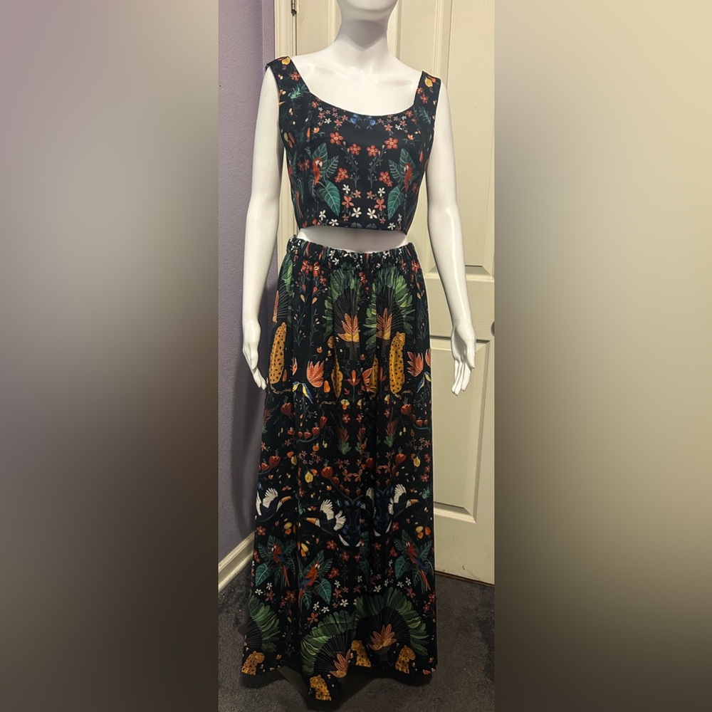 Coramoon Sz M Black Mystical Tropical Fern Print Cropped Top And Skirt Set Boho - Picture 2 of 7